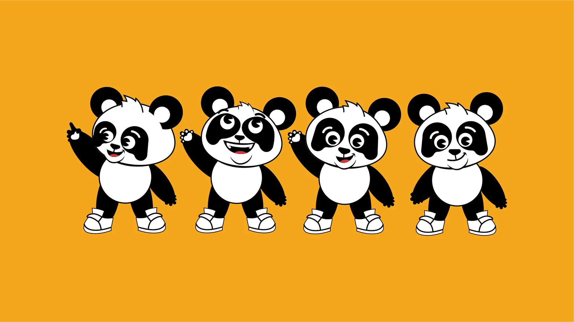Quatro poses do mascote da Pandoka em preto e branco sobre fundo amarelo: apontando para cima, rindo de boca aberta, acenando e de braços abertos — todas de tênis branco.