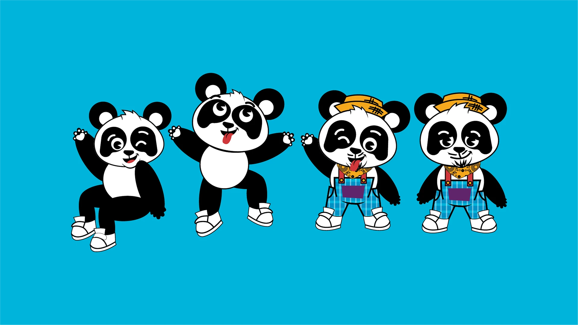 Quatro poses do mascote da Pandoka sobre fundo azul: sentado piscando, de braços abertos e língua para fora, e duas de jardineira xadrez, boné amarelo e lenço no pescoço.