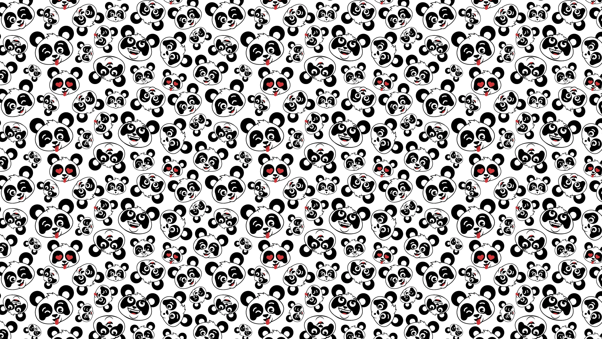 Estampa fechada de rostinhos do mascote da Pandoka em preto e branco, alguns de olhos de coração e língua vermelha, repetidos por todo o quadro.