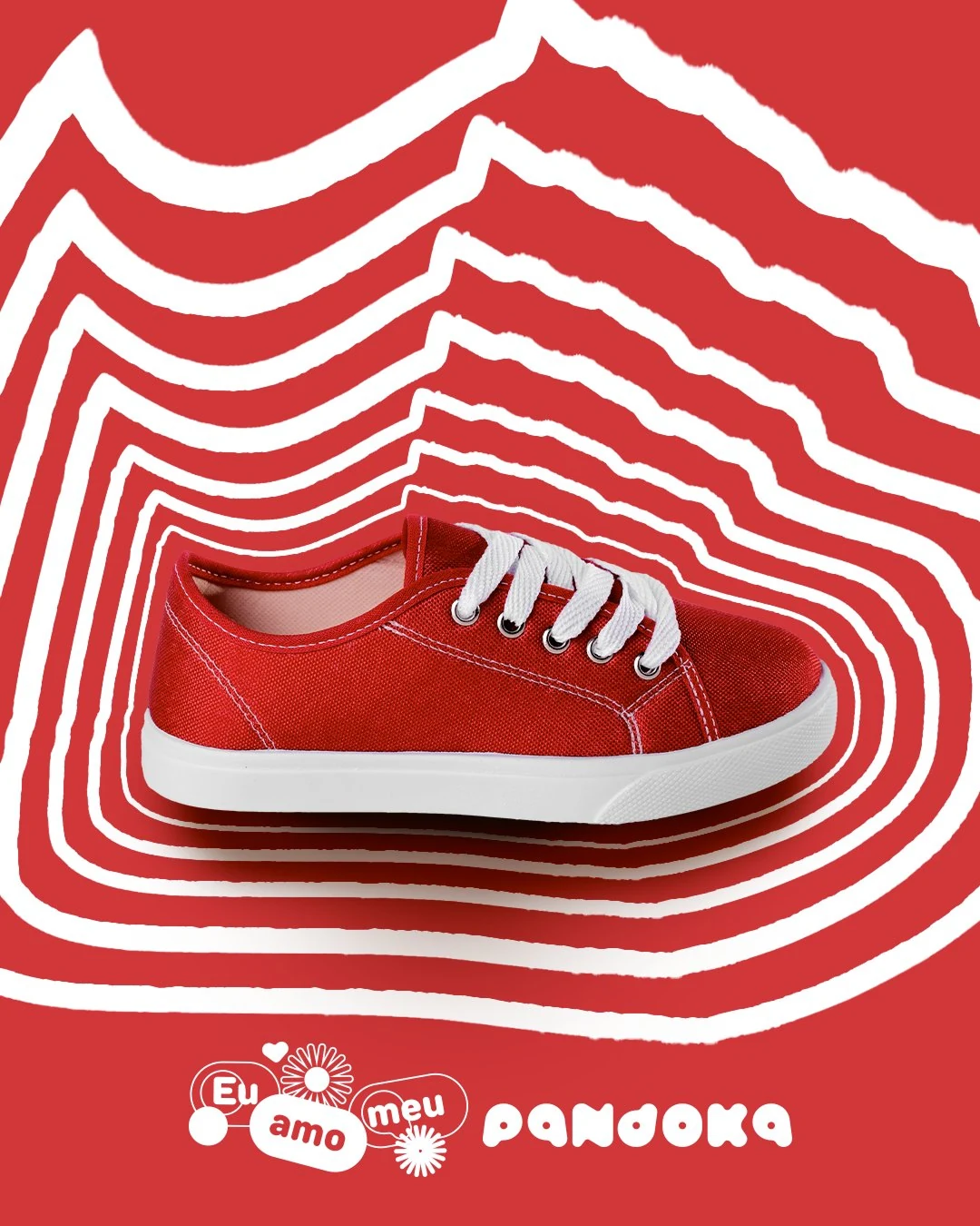 Post da Pandoka: tênis vermelho de cadarço sobre fundo vermelho com contornos brancos em camadas, e o selo “Eu amo meu pa”.