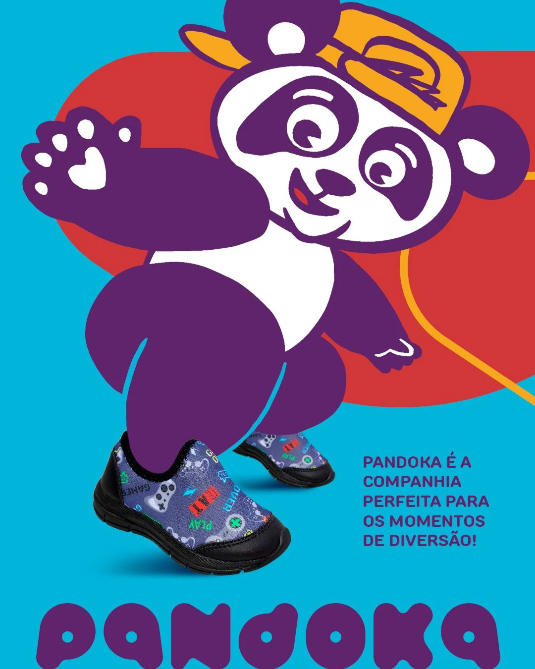 Post da Pandoka: o mascote em roxo e branco, de boné amarelo, ao lado de dois calçados estampados, com o texto “Pandoka é a companhia perfeita para os momentos de diversão!”.