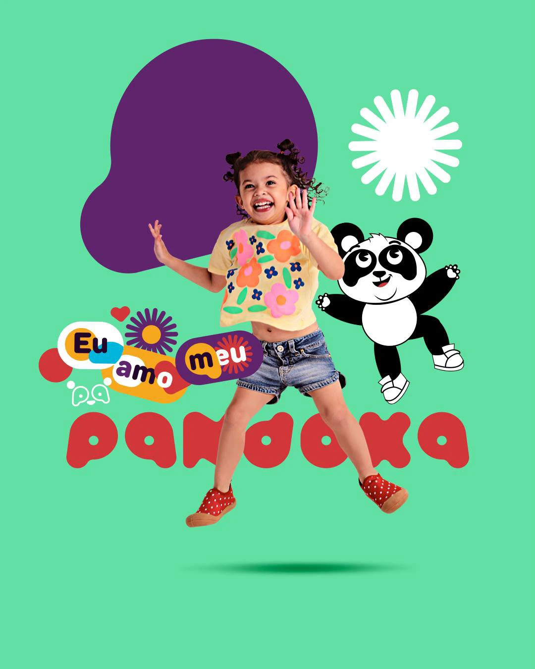 Post da Pandoka: menina de camiseta estampada pulando ao lado do mascote, sobre fundo verde, com o selo “Eu amo meu pa” e a assinatura pandoka em vermelho.