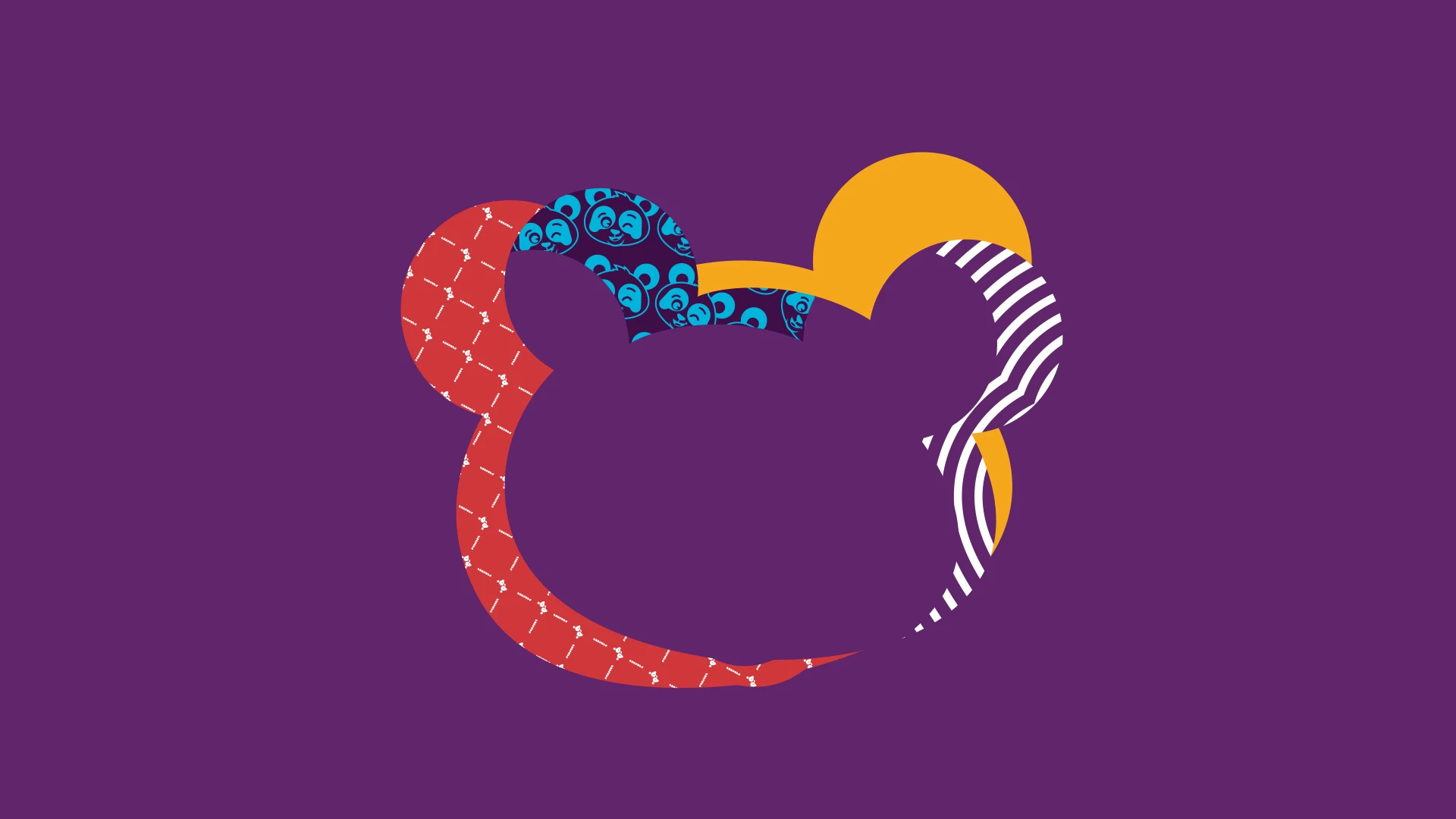 O contorno da carinha do mascote da Pandoka montado com faixas de estampa — pontilhado vermelho, rostinhos azuis sobre roxo, um bloco amarelo e listras brancas — sobre fundo roxo.