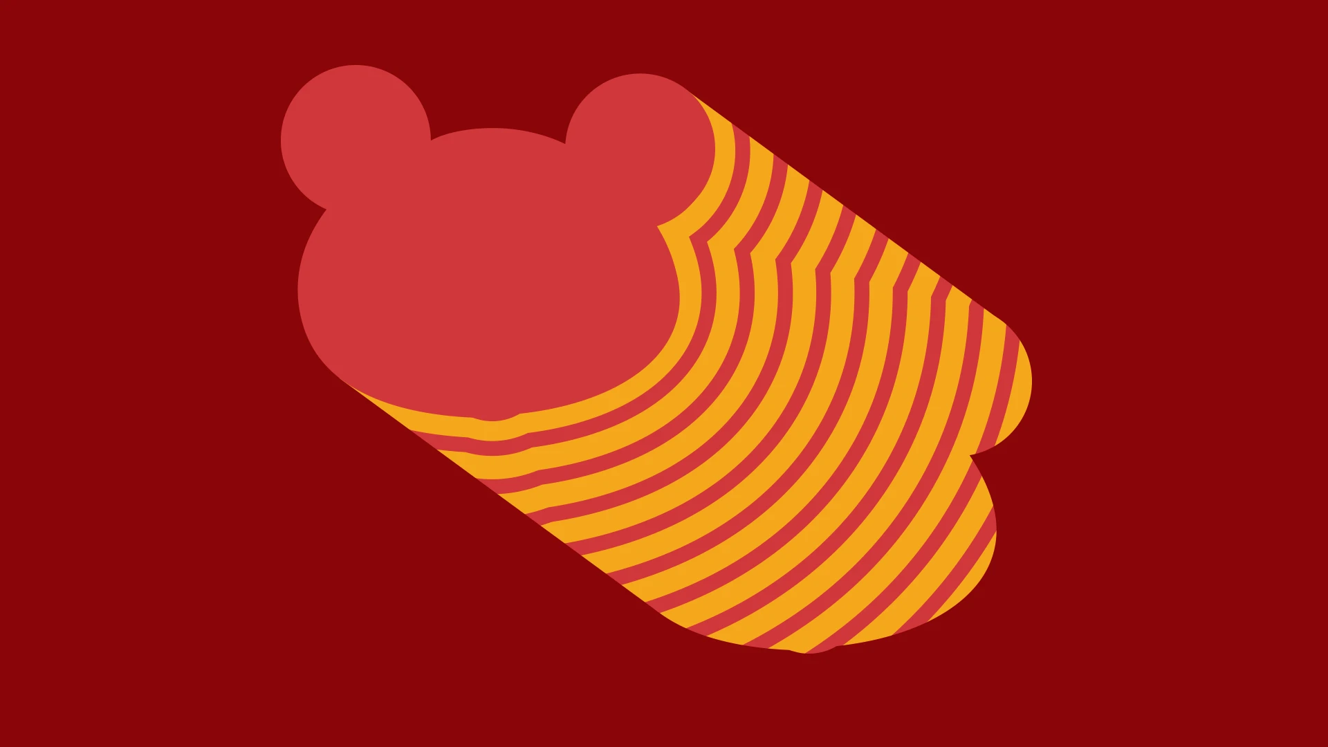 A silhueta de uma solinha e da carinha do mascote em vermelho e listras amarelas, empilhadas em profundidade sobre fundo vermelho-escuro.