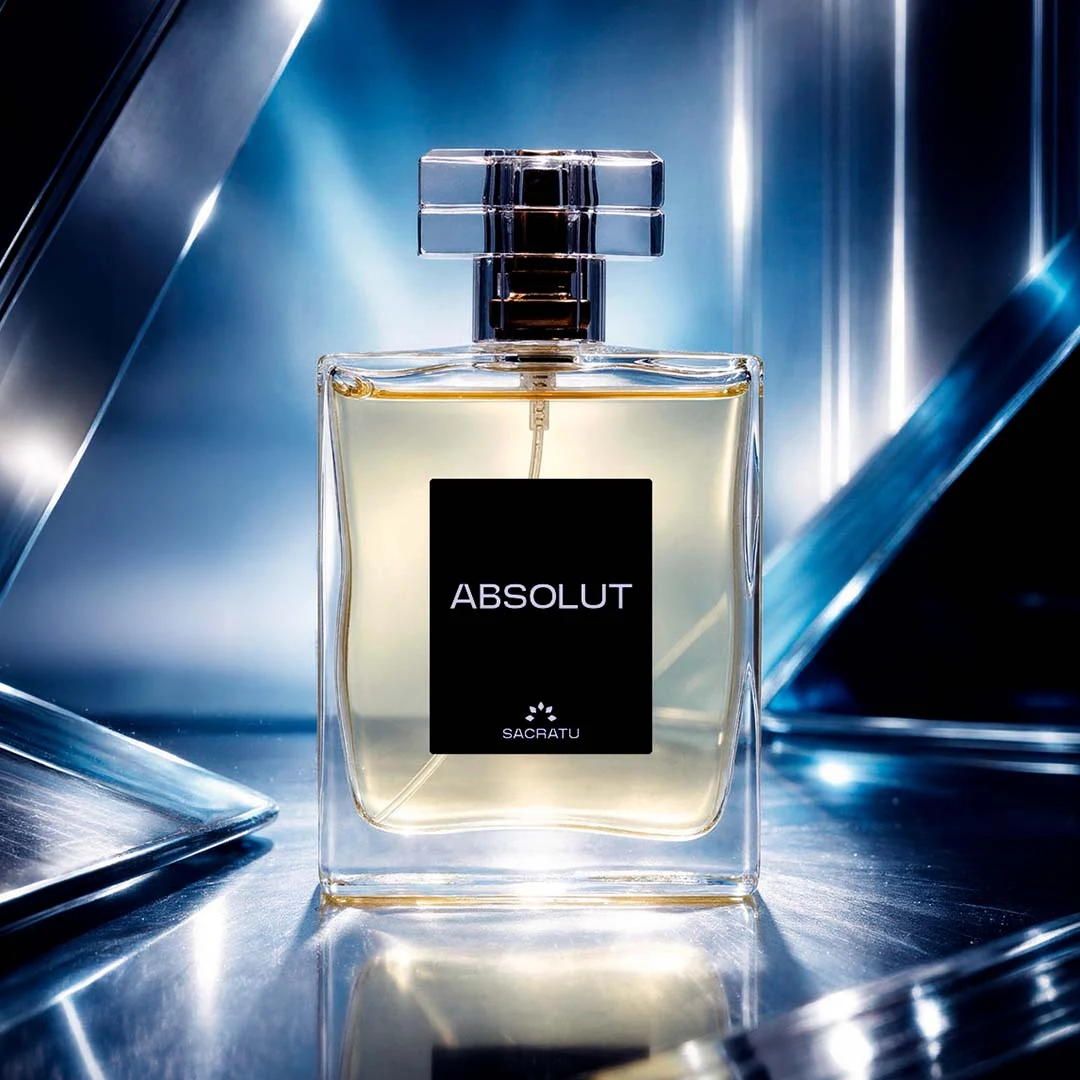 Frasco do perfume Absolut, da Sacratu, entre lâminas de vidro azul refletido.