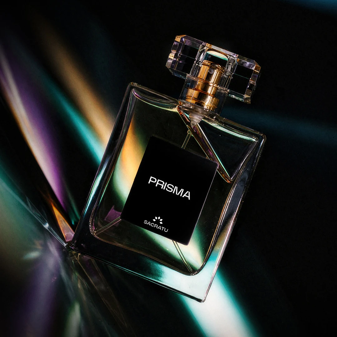 Frasco do perfume Prisma, da Sacratu, sobre fundo escuro atravessado por reflexos de luz colorida.