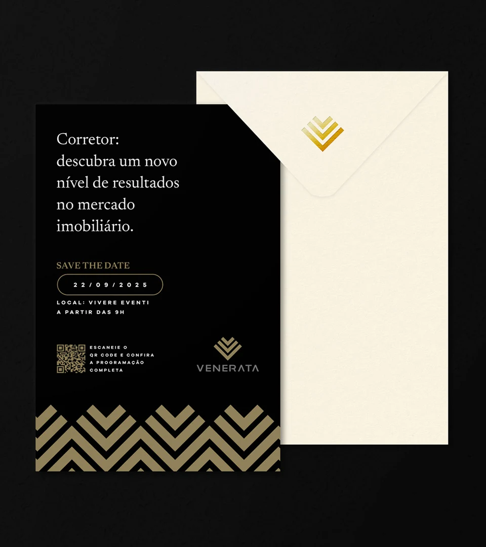 Convite da Venerata em preto e dourado sobre um envelope creme: “Corretor: descubra um novo nível de resultados no mercado imobiliário”, com data, local e QR code.