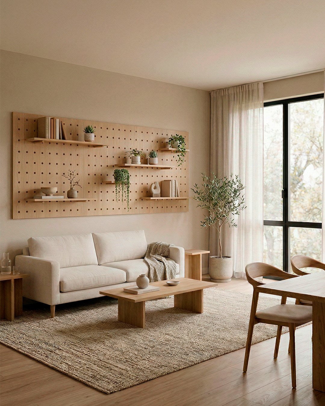 Post de feed: sala de estar com parede de painel pegboard, sofá e mesa de centro.