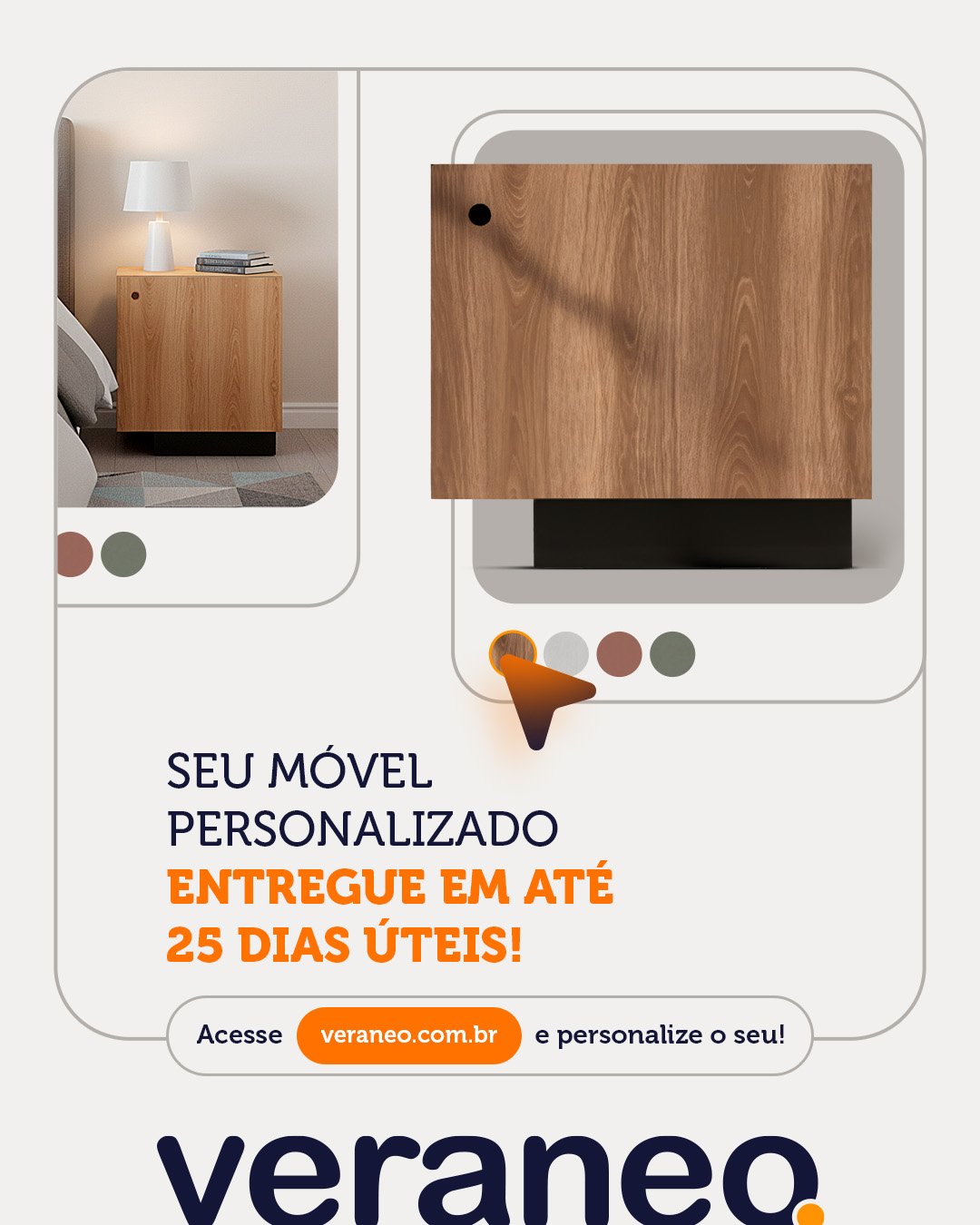 Post de feed: “Seu móvel personalizado entregue em até 25 dias úteis”, com o configurador desenhado ao lado.