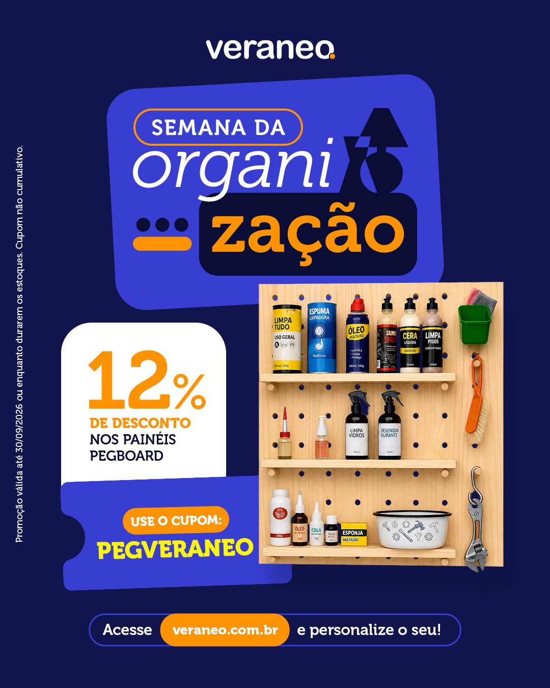 Post de feed da Semana da Organização, com 12% de desconto nos painéis pegboard e o cupom PEGVERANEO.