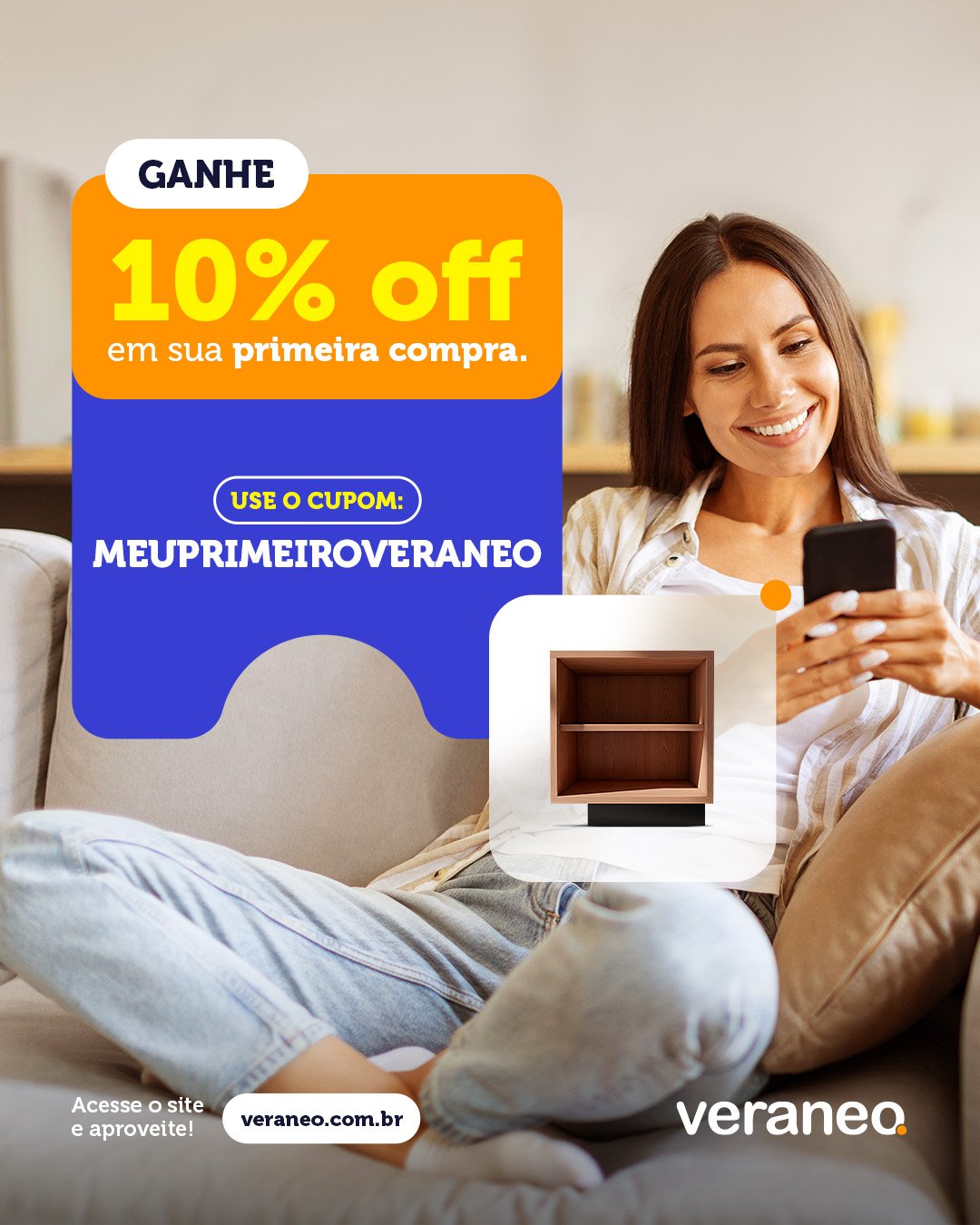 Post de feed com 10% de desconto na primeira compra e o cupom MEUPRIMEIROVERANEO.