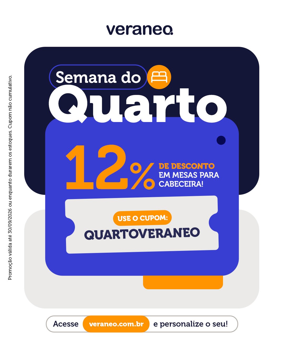 Post de feed da Semana do Quarto, com 12% de desconto em mesas de cabeceira e o cupom QUARTOVERANEO.