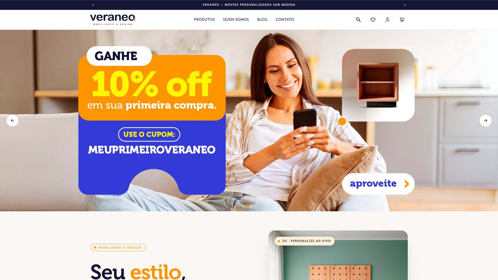 Home da loja Veraneo, com o cupom de primeira compra e a chamada “Seu estilo, seu espaço, seu Veraneo”.