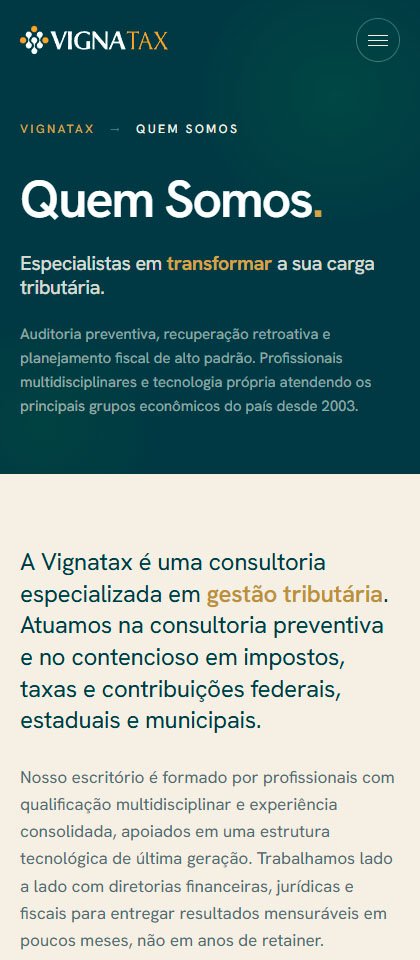 A página Quem Somos vista no celular.