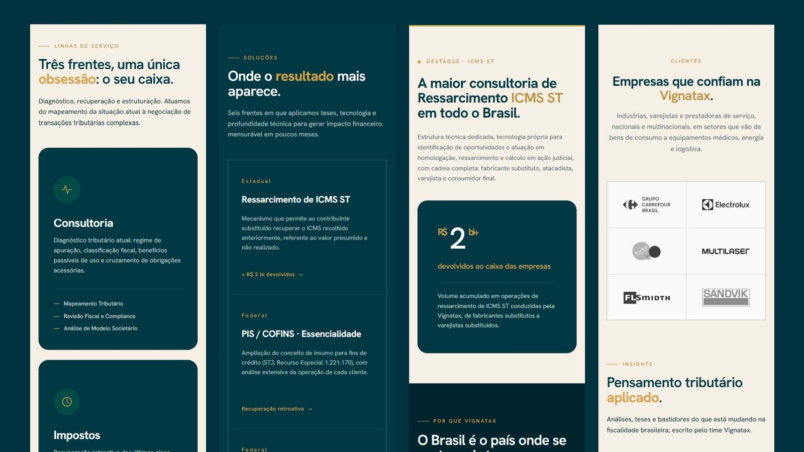 As seções de linhas de serviço, soluções, destaque de ICMS ST e clientes.